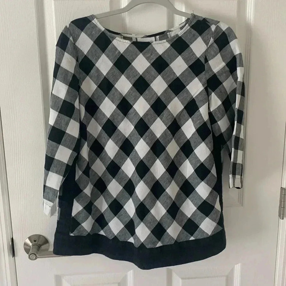 J Jill Love Linen Black and White Checkered Linen Blouse - Picture 1 of 6